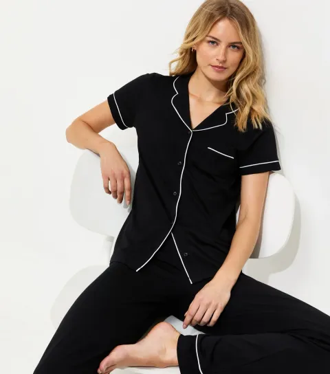 Women's Tall Black Jersey Revere Collar Pyjama Set