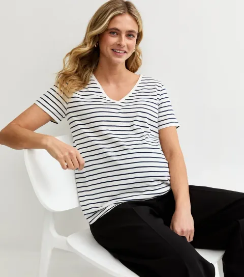 Women's Maternity White Stripe V Neck T-Shirt