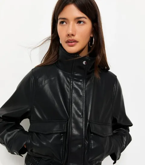 Women's Black Faux Leather Flap Pocket Funnel Neck Jacket