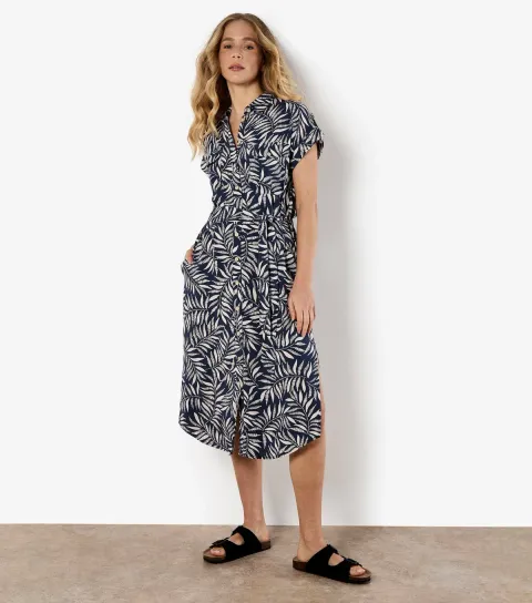 Women's Navy Flowing Leaves Print Belted Shirt Dress