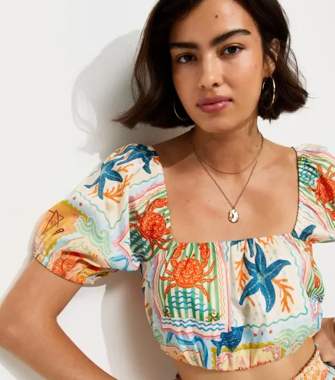 Women's Multicoloured Patchwork Print Bubble Hem Crop Top