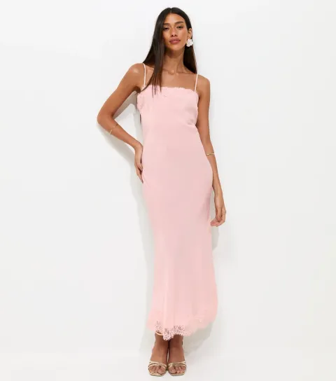 Women's Pink Satin Lace Trimmed Midi Dress