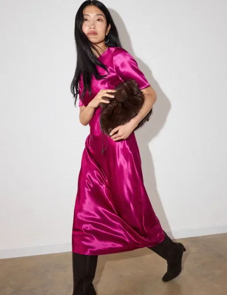 Whistles Satin Twist Front Midi Bodycon Dress Pink
