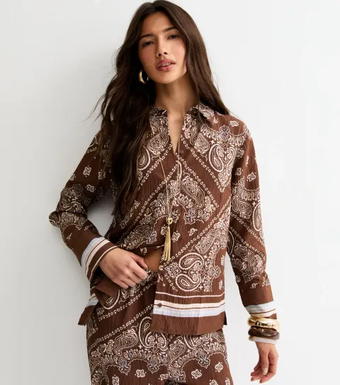 Women's Brown Crinkle Texture Paisley Print Bandana Shirt
