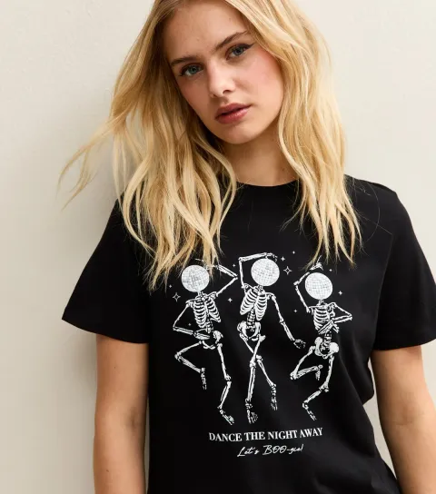 Women's Black Halloween Skeleton Disco Print T-Shirt