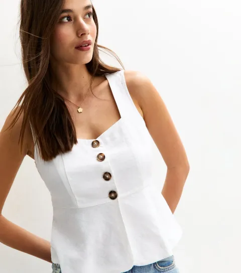 Women's White Button Up Tie Back Sleeveless Top