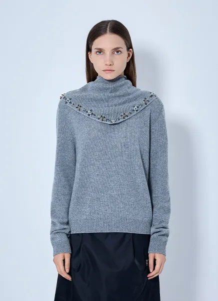 Prada Embroidered-Scarf Cashmere Sweater
