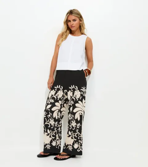 Women's Petite Black Floral Wide Leg Trousers