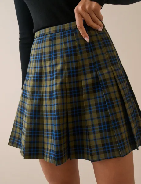 Nobody's Child Cotton Rich Checked Pleated Mini Skirt Dark Blue