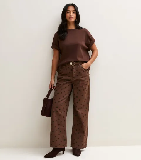 New Look Women's Petite Dark Brown Cotton Polka Dot Wide Leg Jeans