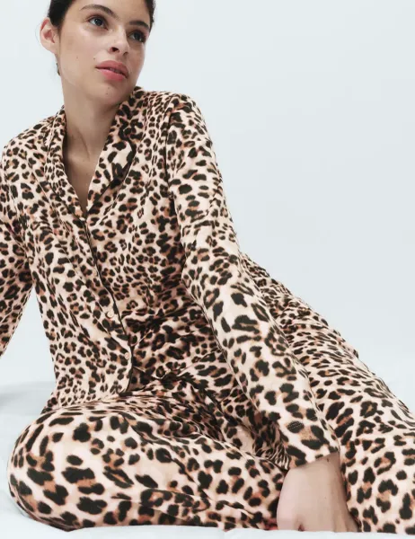 Marks & Spencer Fleece Printed Revere Pyjama Set Brown Mix
