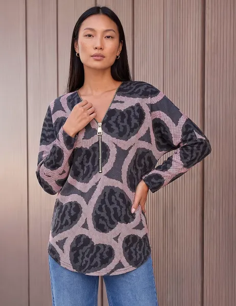Roman Heart Print Zip Up Top Dusky Rose