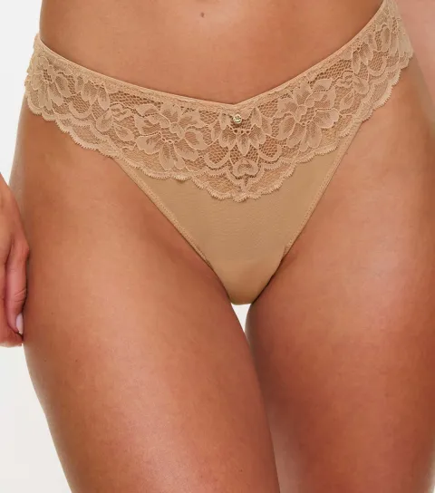 Women's Oatmeal Lace Panel Thong