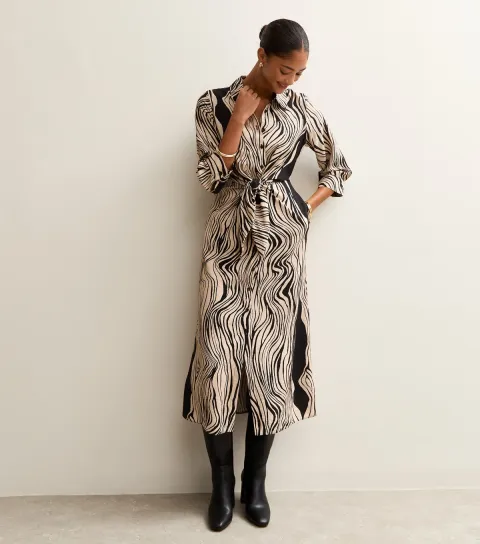 Women's Black Abstract Pattern Midi Shirt Dress