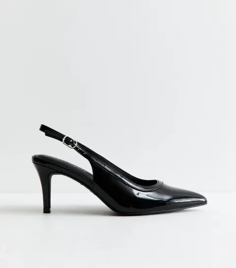 Women's Wide Fit Black Patent Faux Leather Slingback Court Shoes Vegan