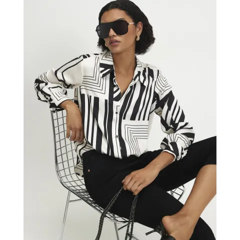River Island Monochrome Stripe Tuck Hem Blouse