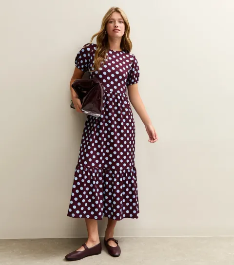 Women's Red Spot Print Crinkle Texture Bow Back Midi Dress