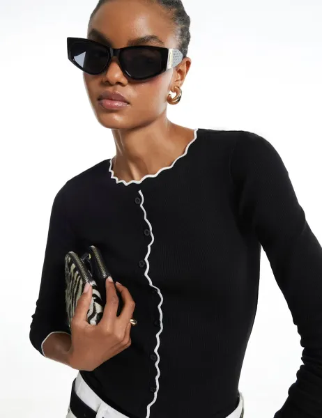River Island Scallop Trim Ribbed Cardigan Black