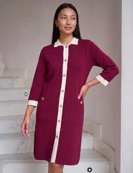 Roman Contrast Collar Knee Length Dress Burgundy Mix