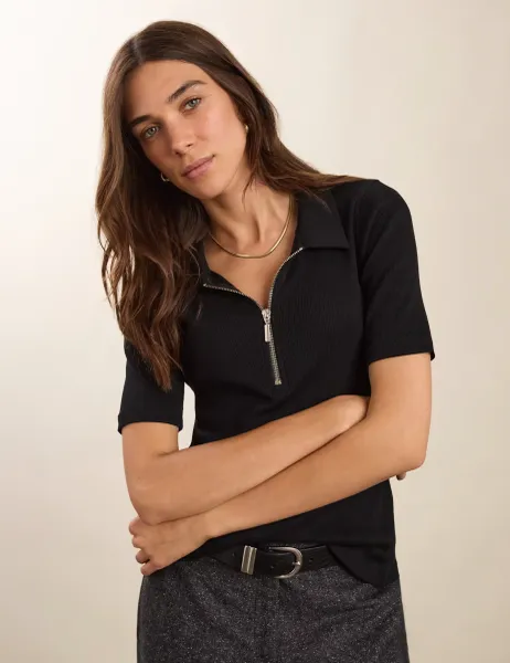 BAUKJEN Pure Cotton Collared Half Zip Top Black