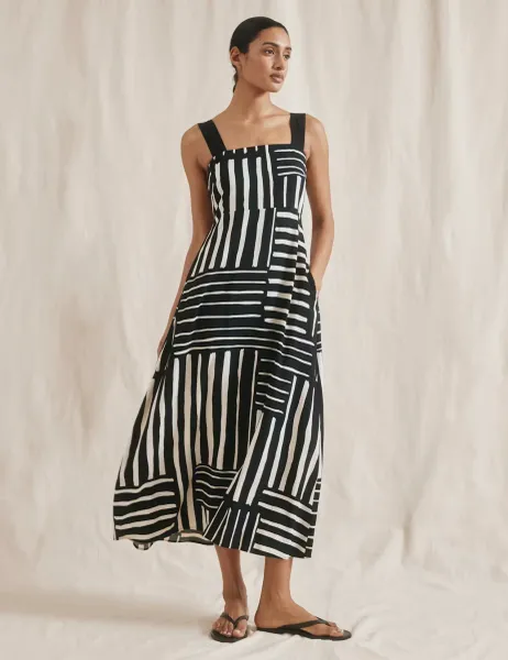 Albaray Striped Midaxi Waisted Dress Black Mix