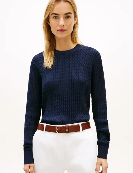 Tommy Hilfiger Pure Cotton Cable Knit Crew Neck Jumper Navy