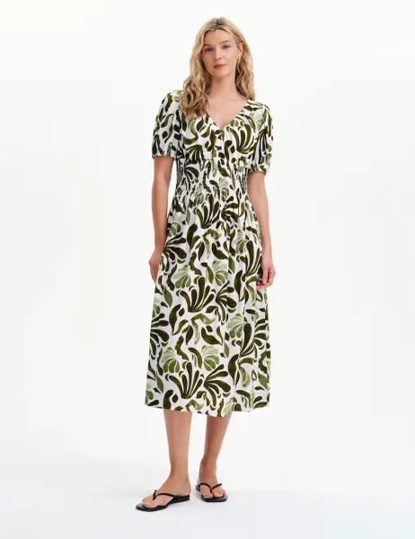 Finery London Palm Print V-Neck Midi Waisted Dress Green Mix