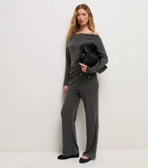 New Look Women's Tall Dark Grey Soft Touch Wide Leg Trousers