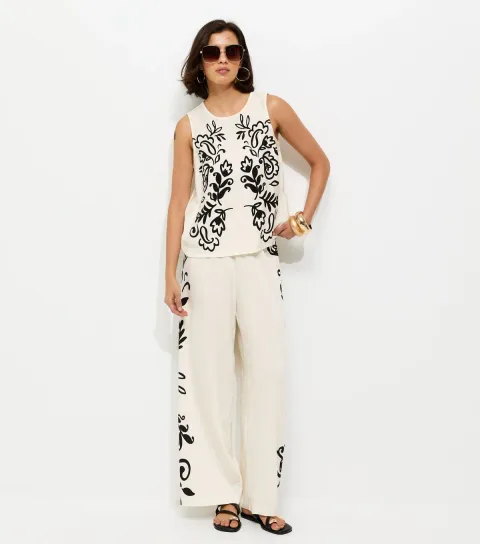 Women's Cream and Black Floral Side Wide Leg Trousers