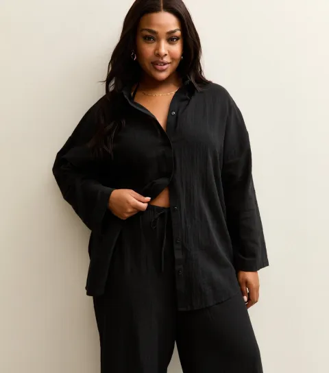 Women's Plus Size Black Long Sleeve Cotton Slub Beach Shirt Curves