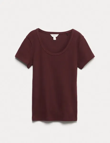 Marks & Spencer Cotton Rich Scoop Neck T-Shirt Dark Claret