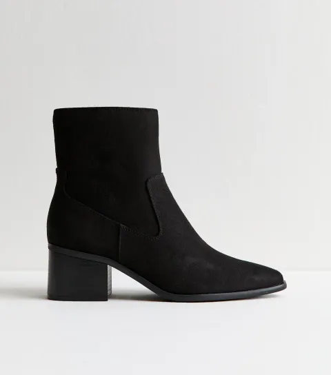 Women's Black Faux Suede Block Heel Ankle Boots Vegan