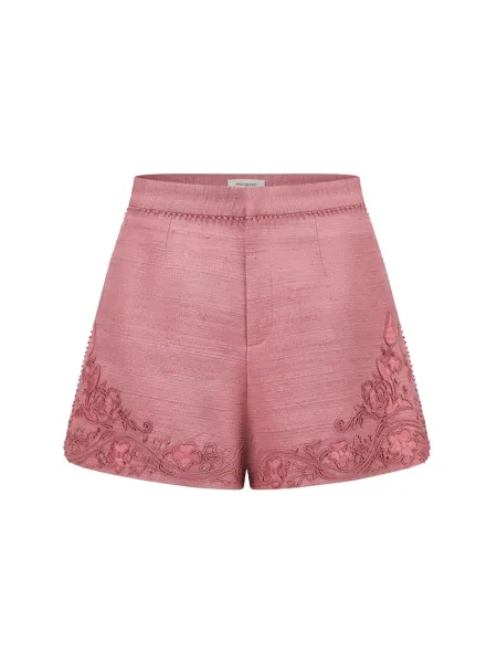 Soft Pink Women embroidered tussah silk shorts