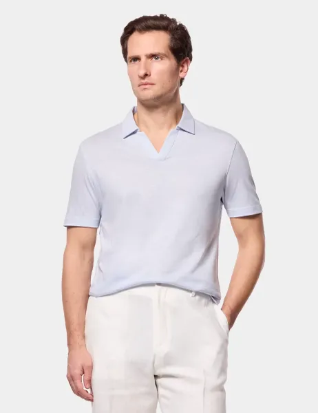 Hawes & Curtis Pure Linen Open Neck Polo Shirt Pale Blue
