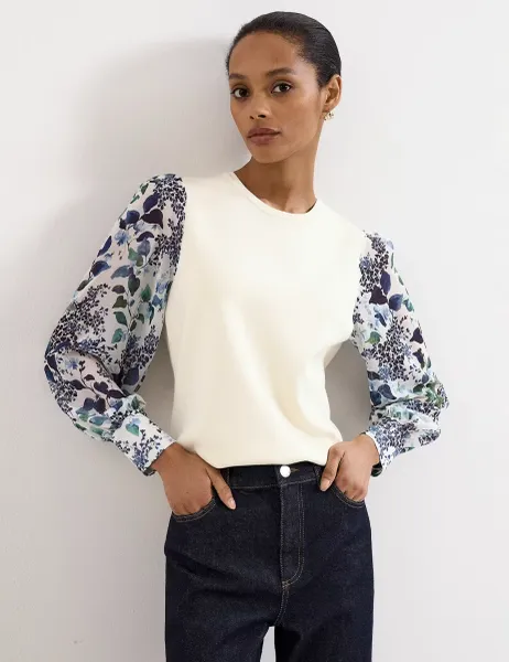 Phase Eight Cotton Blend Floral Puff Sleeve Top Ivory Mix