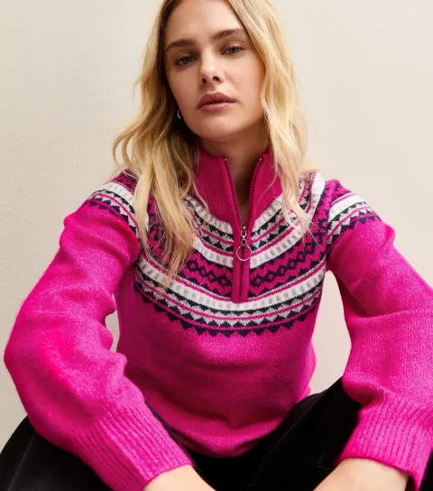 Women's Bright Pink Fair Isle Quarter Zip Jumper