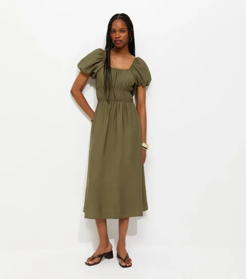 Women's Khaki Milkmaid Midi Dress