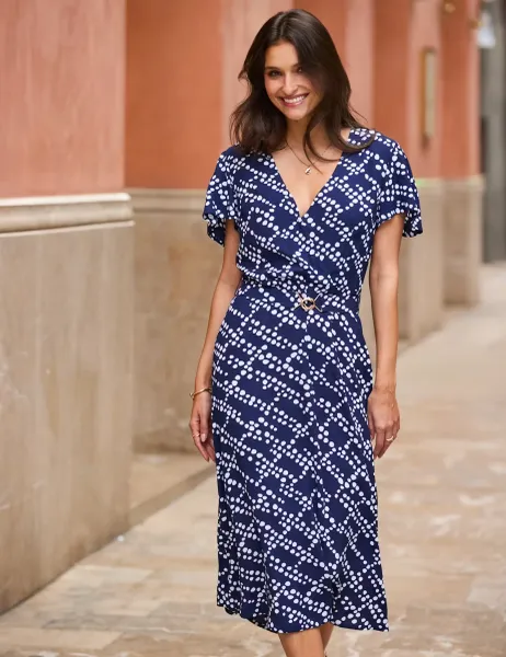 SOSANDAR Spot Print V-Neck Belted Midi Skater Dress Navy Mix