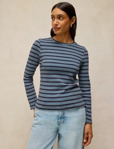 White Stuff Cotton Rich Striped Crew Neck T-Shirt Blue Mix