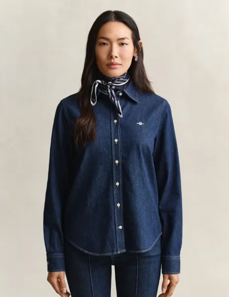 Gant Long Sleeve Pure Cotton Collared Shirt Dark Blue Denim