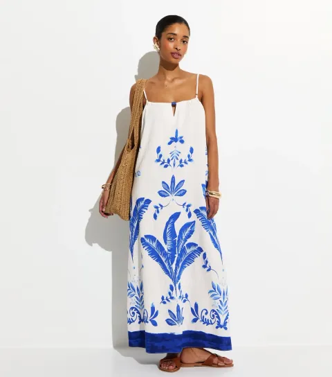 Women's White and Blue Painted Leaf Pattern Beach Maxi Dress