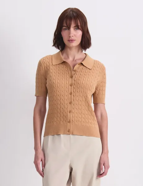 Sportscraft Pure Cotton Short Sleeve Cable Knitted Top Neutral