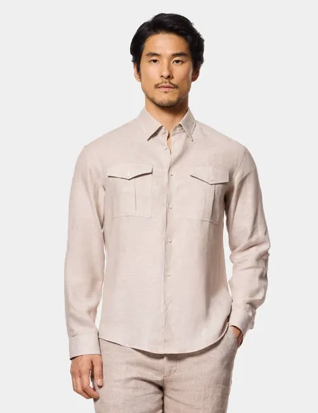Hawes & Curtis Slim Fit Pure Linen Shirt Natural Mix
