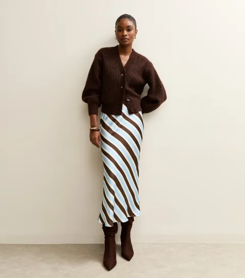 Women's Brown Satin Striped Bias Cut Midi Skirt