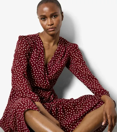 Women's Burgundy Polka Dot Ruffle Midi Dress