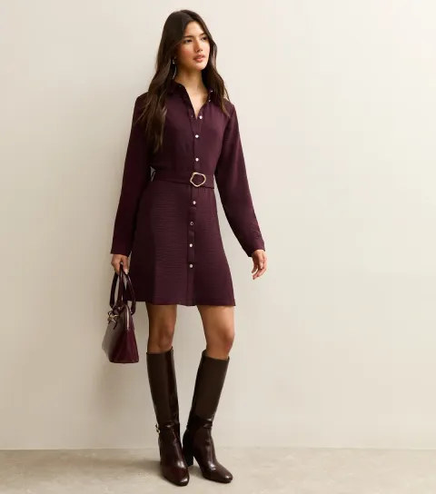 New Look Women's Burgundy Belted Button Through Mini Shirt Dress