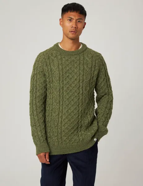 Peregrine Pure Wool Cable Crew Neck Jumper Green