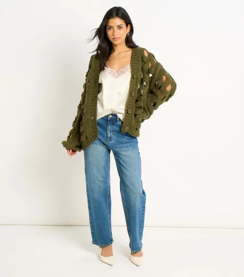 Women's Light Khaki Hollow Chunky Knit Cardigan