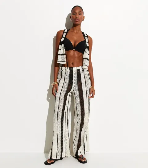 Women's Cream Striped Crochet Beach Trousers