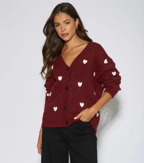 Gini London Women's Red Heart Knit Cardigan